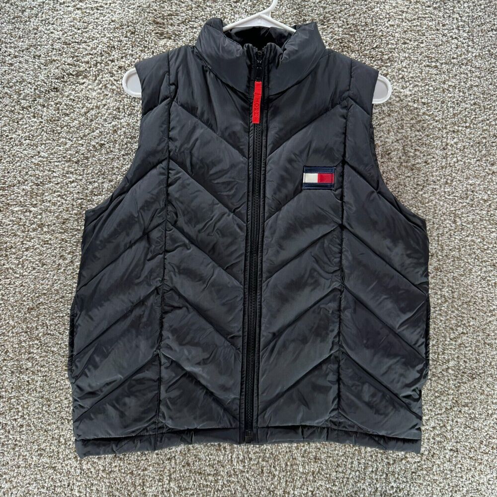 Vintage Tommy Hilfiger Down Puffer Vest Mens Medium Black Full Zip 2000 Y2K VTG